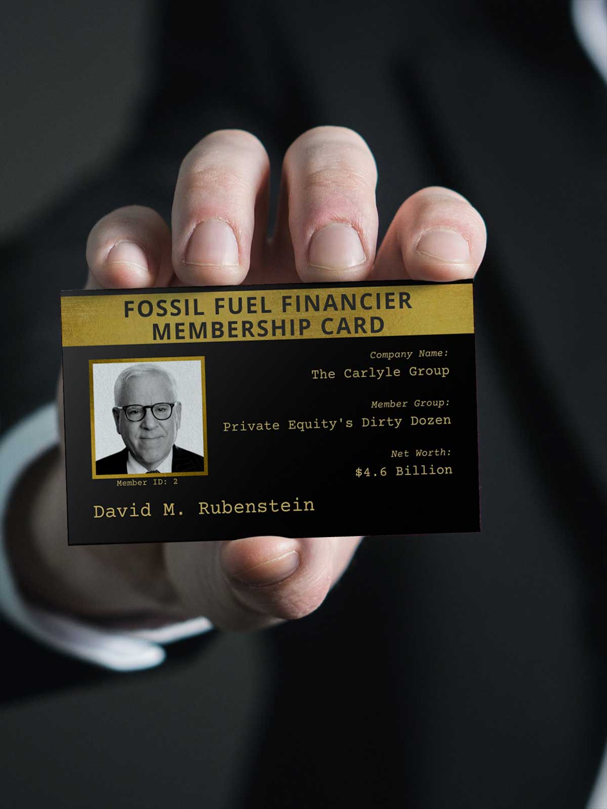 Person holding a business card with David Rubenstein with 