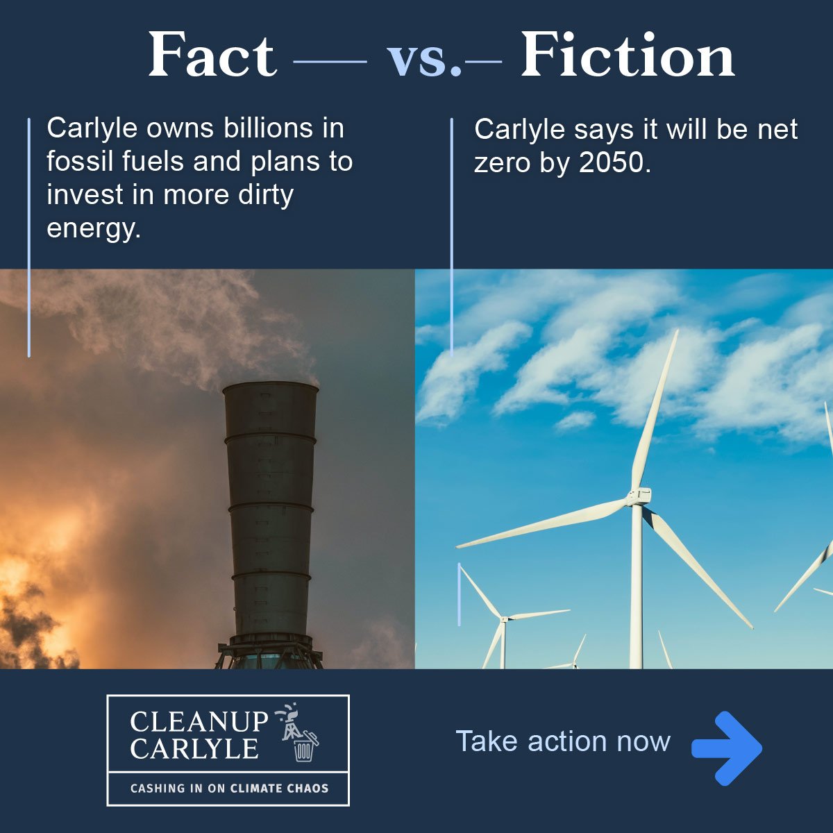 Graphic with "Fact: Carlyle owns billions in fossil fuels and plans to invest in more dirty energy" vs "Fiction: Carlyle says it will be net zero by 2050"